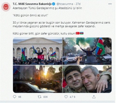 Türkiyə Milli Müdafiə Nazirliyi: Pis günlər bitdi, bu gün zəfər günüdür, mübarək olsun!